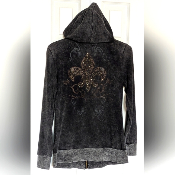 RXB Women's (Size M) Black Waffled Zip-Up Hoodie with Gold Fleur-de-Lis Graphics - Picture 6 of 16